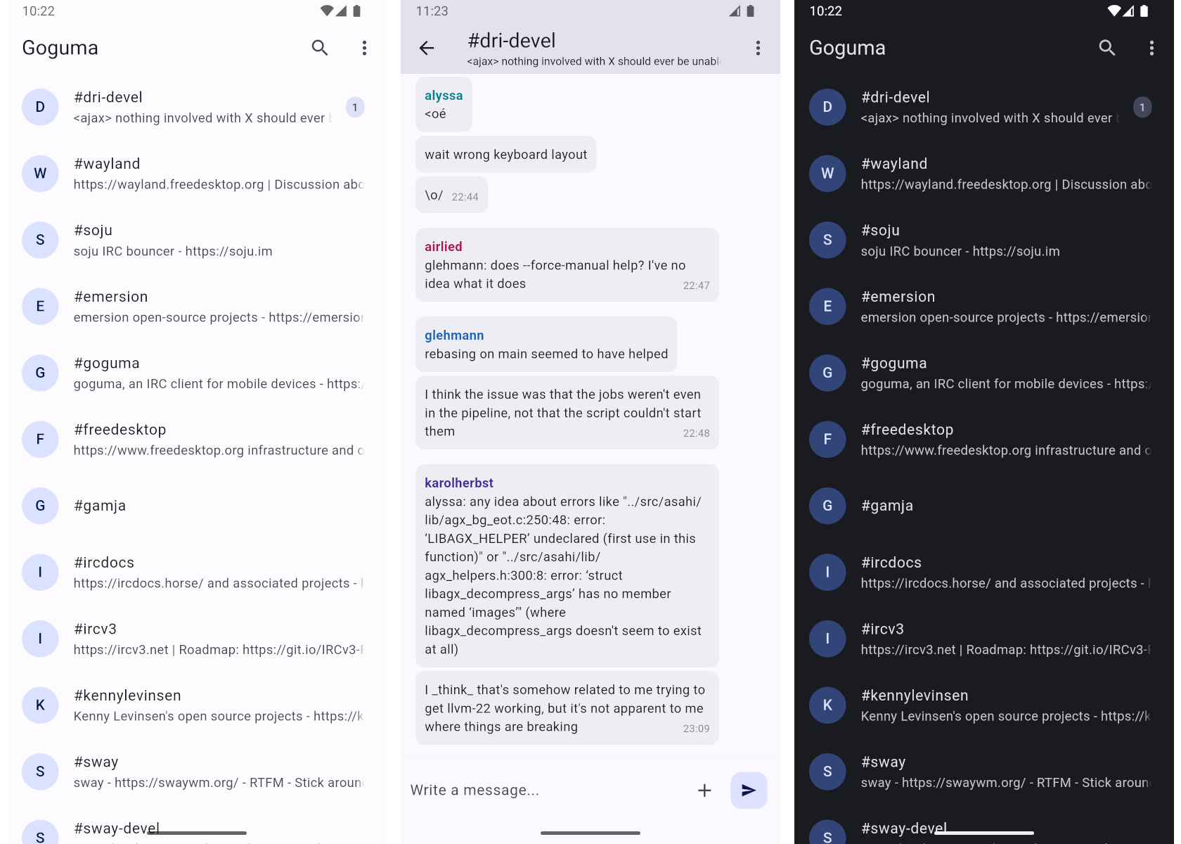 goguma on Android: the conversation list, an open channel, and the dark theme