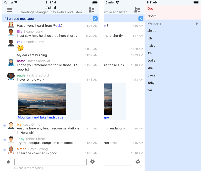 IRCCloud on a phone: channel list and conversation view