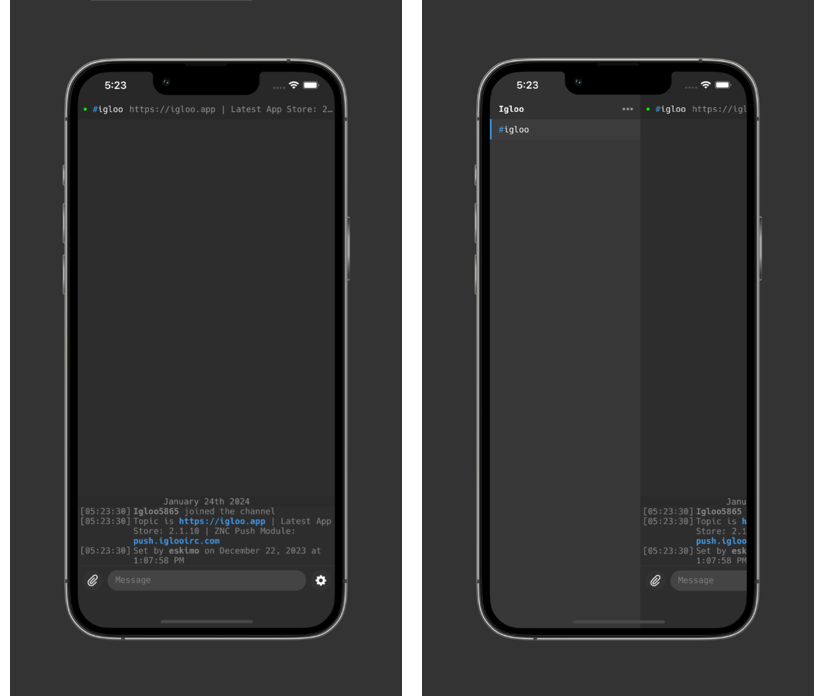 Igloo on iPhone: server list and channel view