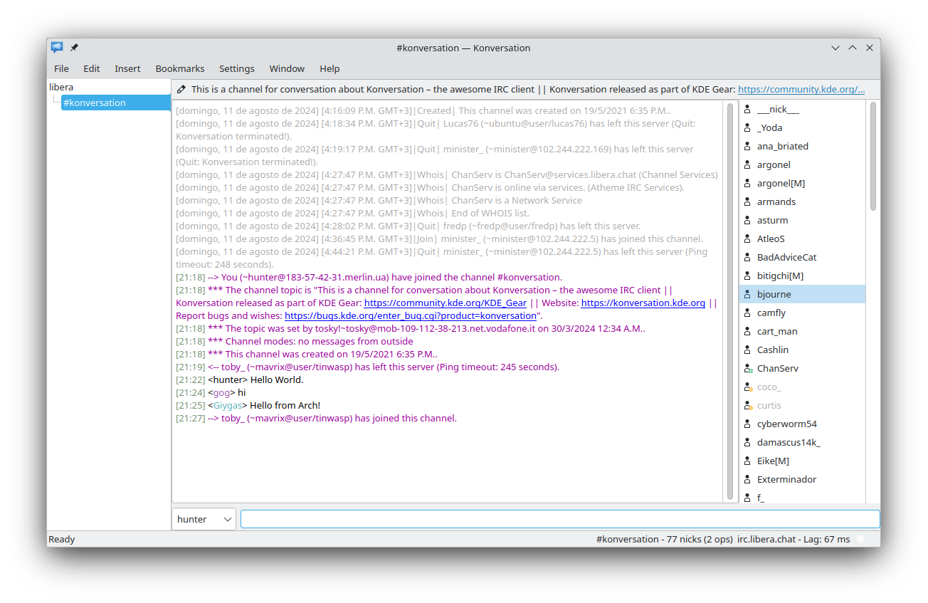Konversation: classic tabbed IRC, properly integrated into KDE