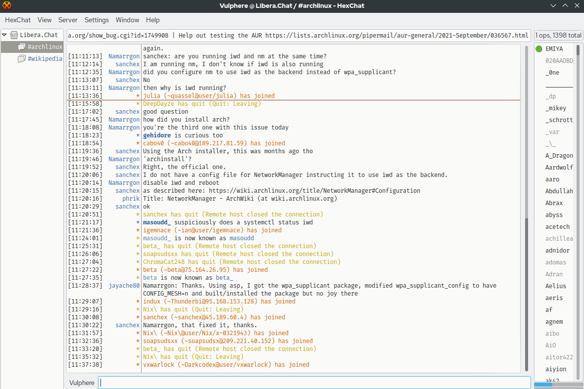 Screenshot of HexChat connected to Libera.Chat: a light-themed window with the network and channel tree on the left, a timestamped message area in #archlinux, the menu bar, and a user list on the right