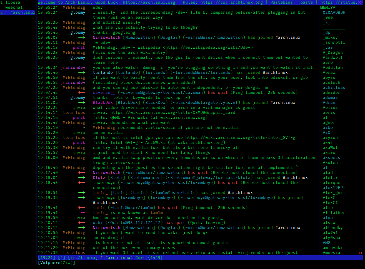 Screenshot of WeeChat connected to Libera.Chat in #archlinux: the numbered buffer list down the left, the title bar, a chat area with coloured nicks, a nick list on the right, and the status and input lines at the bottom